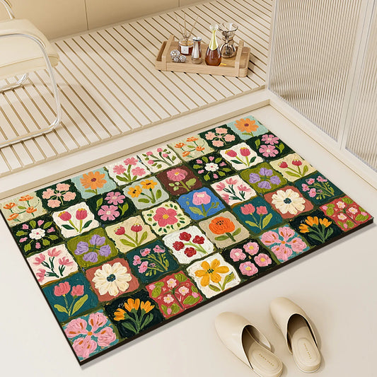 Fast Drying Diatomaceous Earth Floral Bath Mat With Rubber Backing