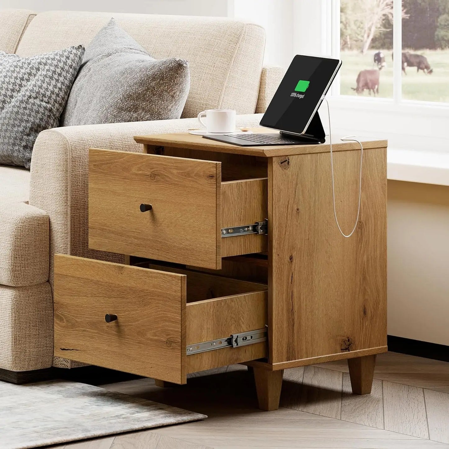 Nightstands With Charging Station and Two Drawers Modern Farmhouse Wood