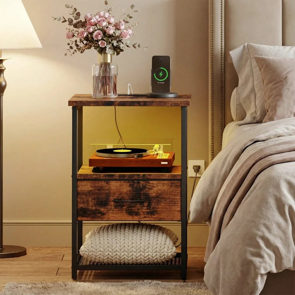 Bedside Table With Charging Station LED Nightstand
