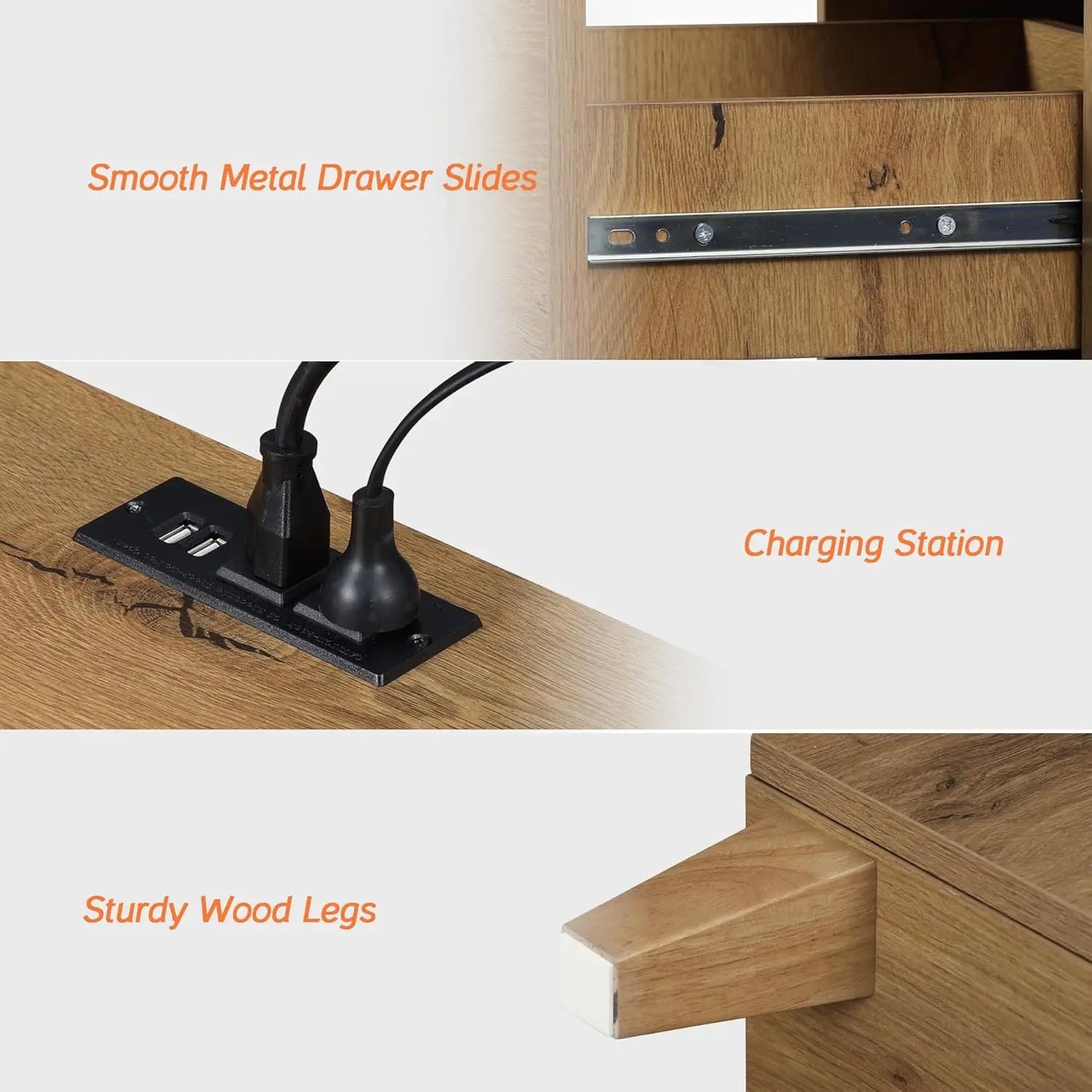Nightstands With Charging Station and Two Drawers Modern Farmhouse Wood