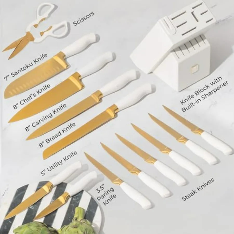 14-Piece Knife Set With Block And Built-In Sharpener Titanium-Coated Blades