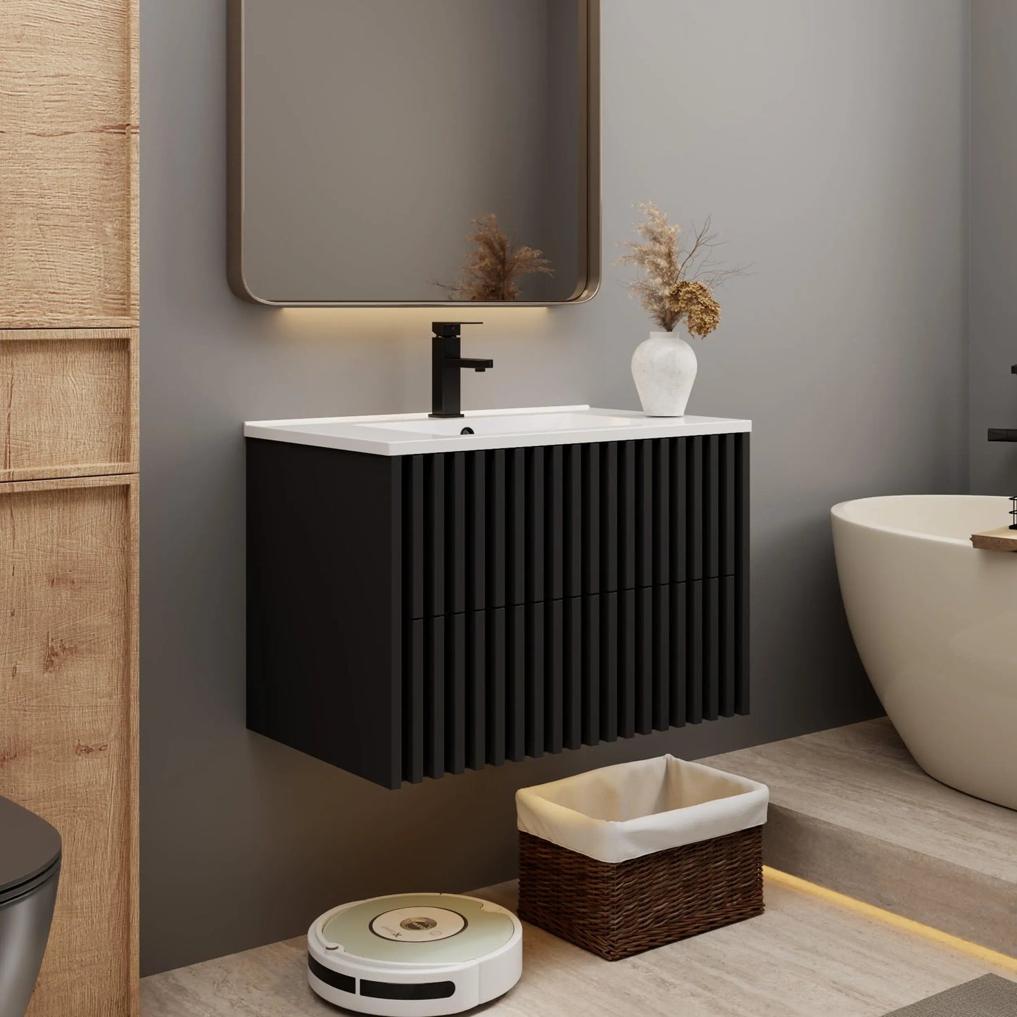 Floating Bathroom Vanity With Sink And Two Fluted Drawers