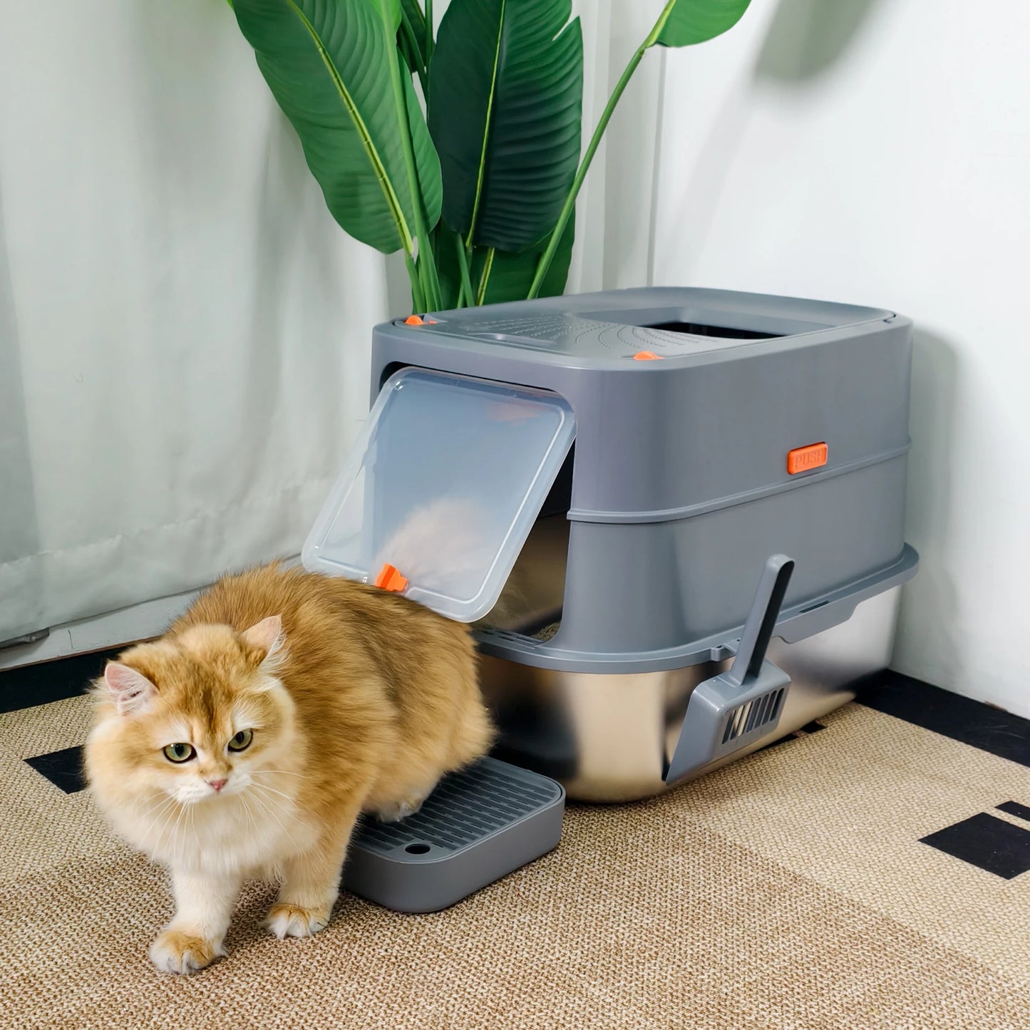 Stainless Steel Cat Litter Box Enclosed Tray With Removable Lid Scoop