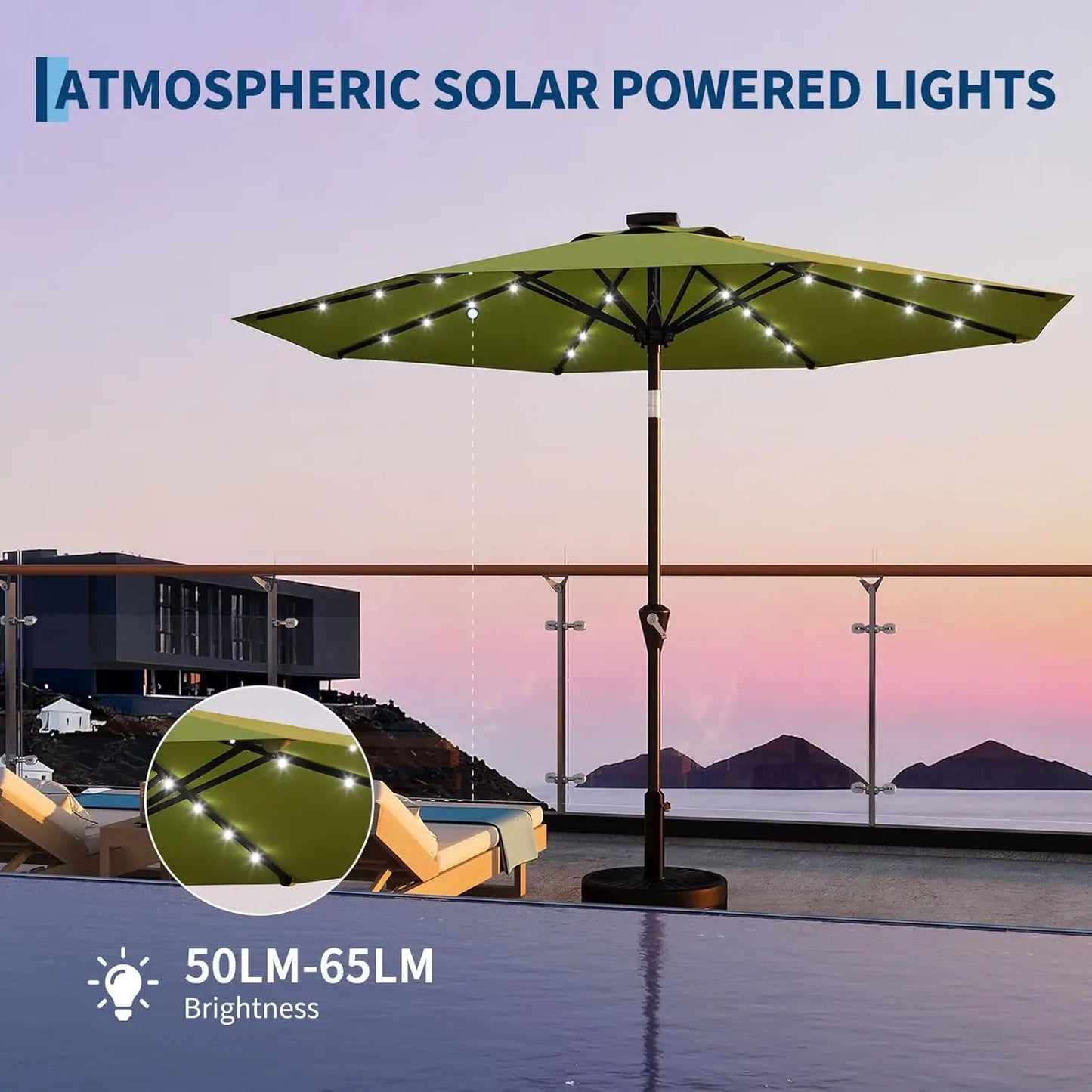 HiMISS Solar Patio Umbrella With 32 LED Lights And Crank Lift