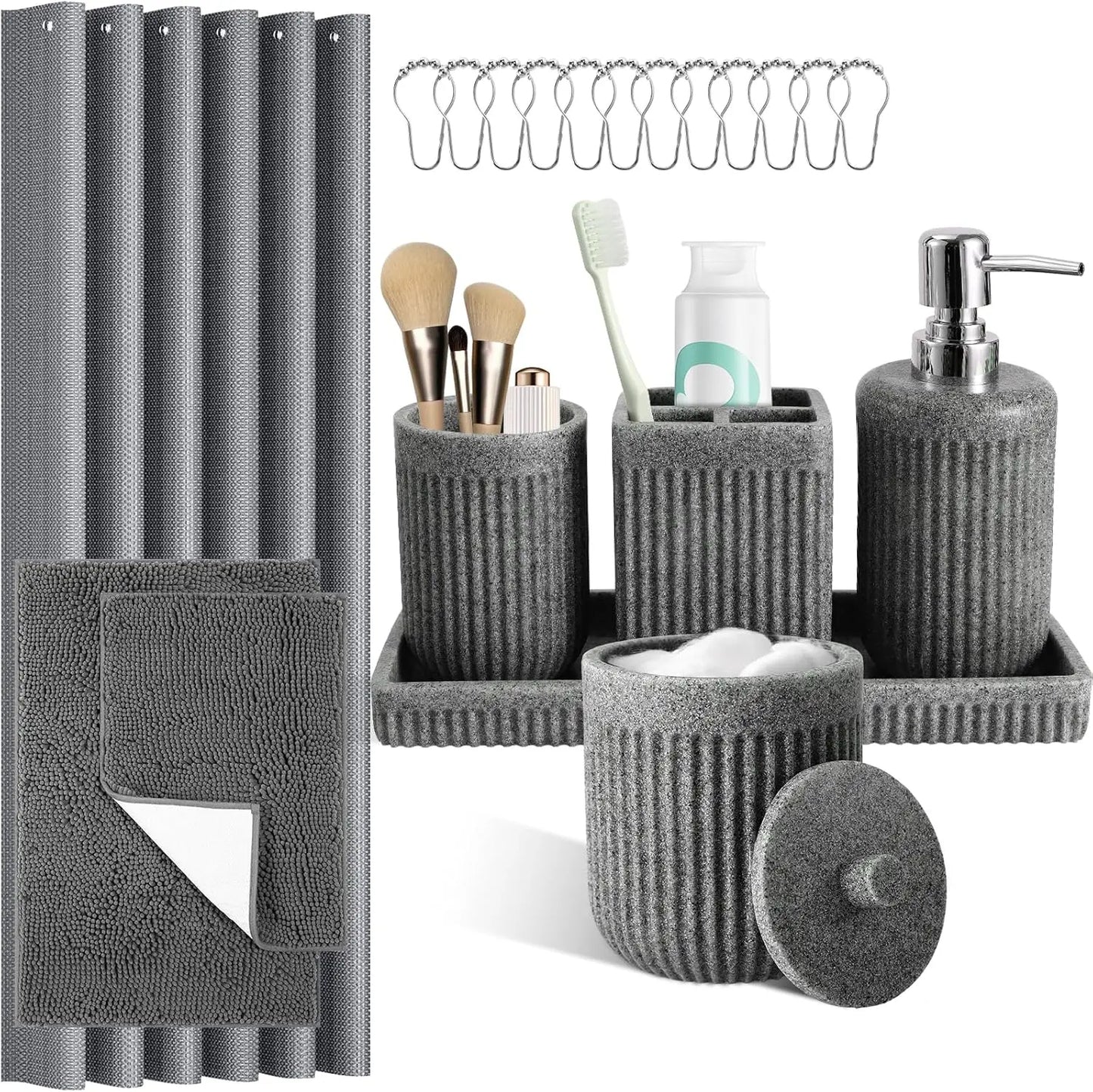 Eight Piece Resin Bathroom Set With Shower Curtain And Accessories