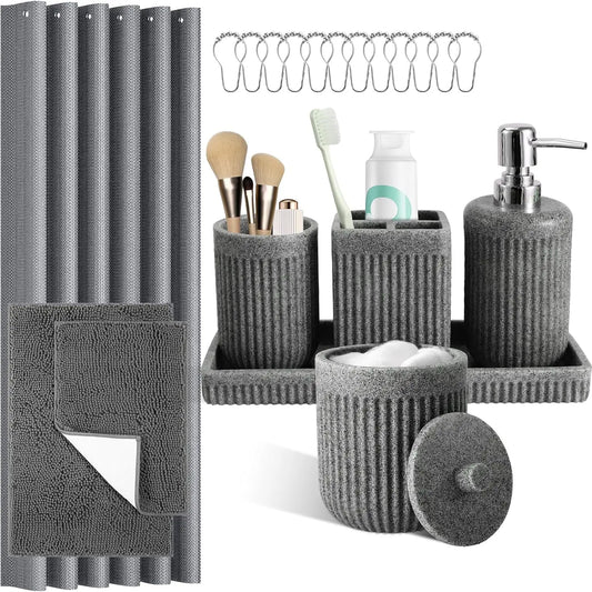 Eight Piece Resin Bathroom Set With Shower Curtain And Accessories