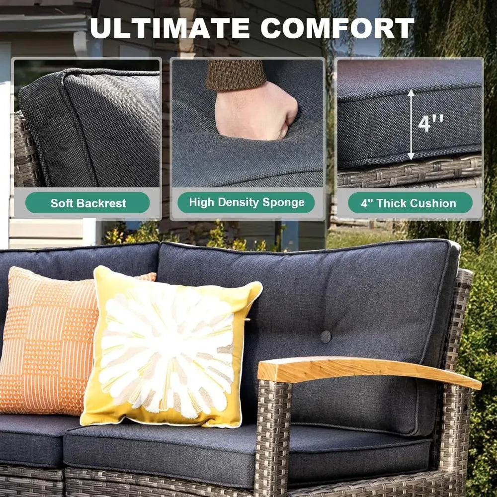 Outdoor 9-Piece Curved Patio Furniture Set With Wood Armrests