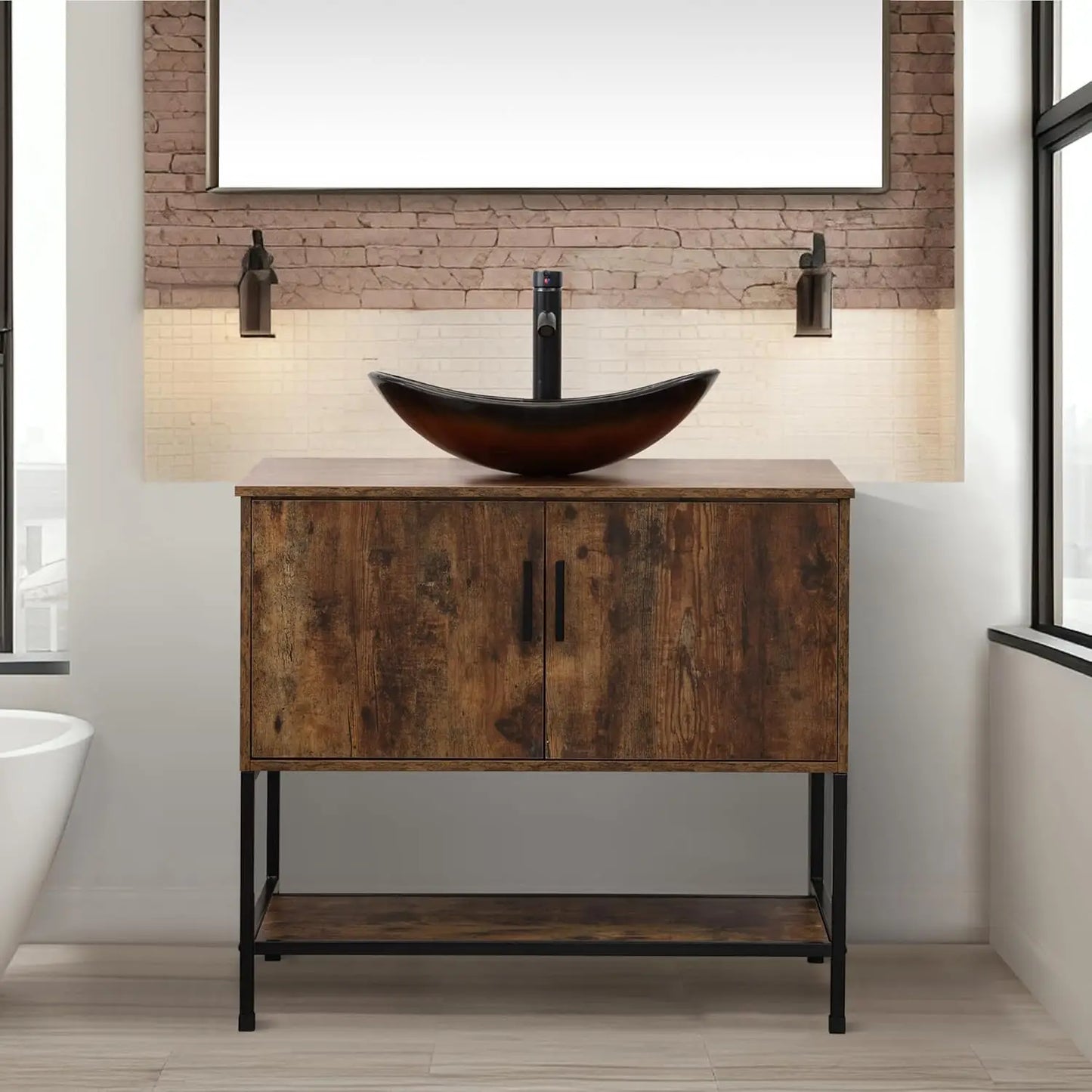 Rustic Industrial Bathroom Vanity With Sink Iron Frame Doors and Shelf