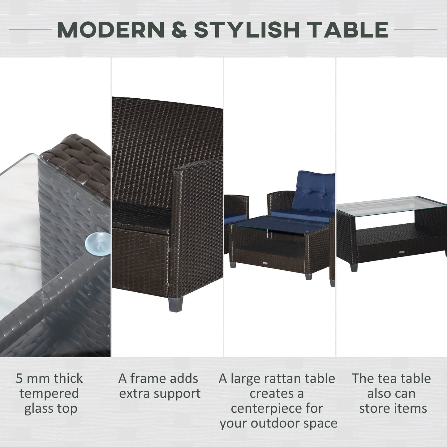 Outdoor Wicker Patio Furniture Set With Tufted Cushions And 2 Tier Coffee Table