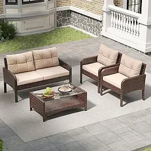 Outdoor 5 Piece Balcony Patio Conversation Set With Wicker Rattan