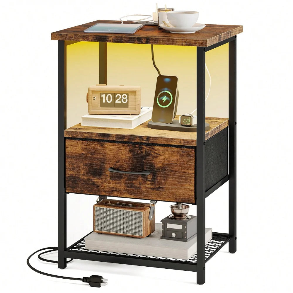 Bedside Table With Charging Station LED Nightstand