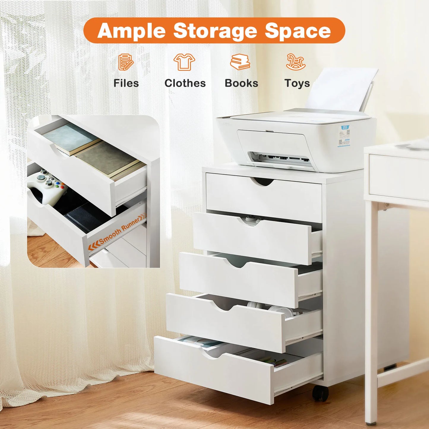 JHK Wood Nightstand 5 Drawer Storage Organizer With Wheels
