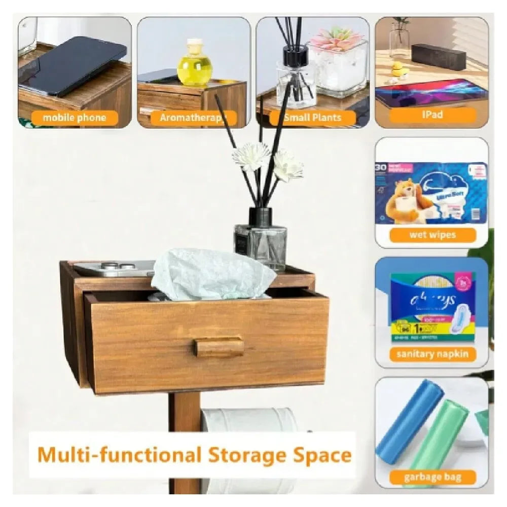 Wooden Toilet Paper Holder Stand With Shelf And Wipes Drawer