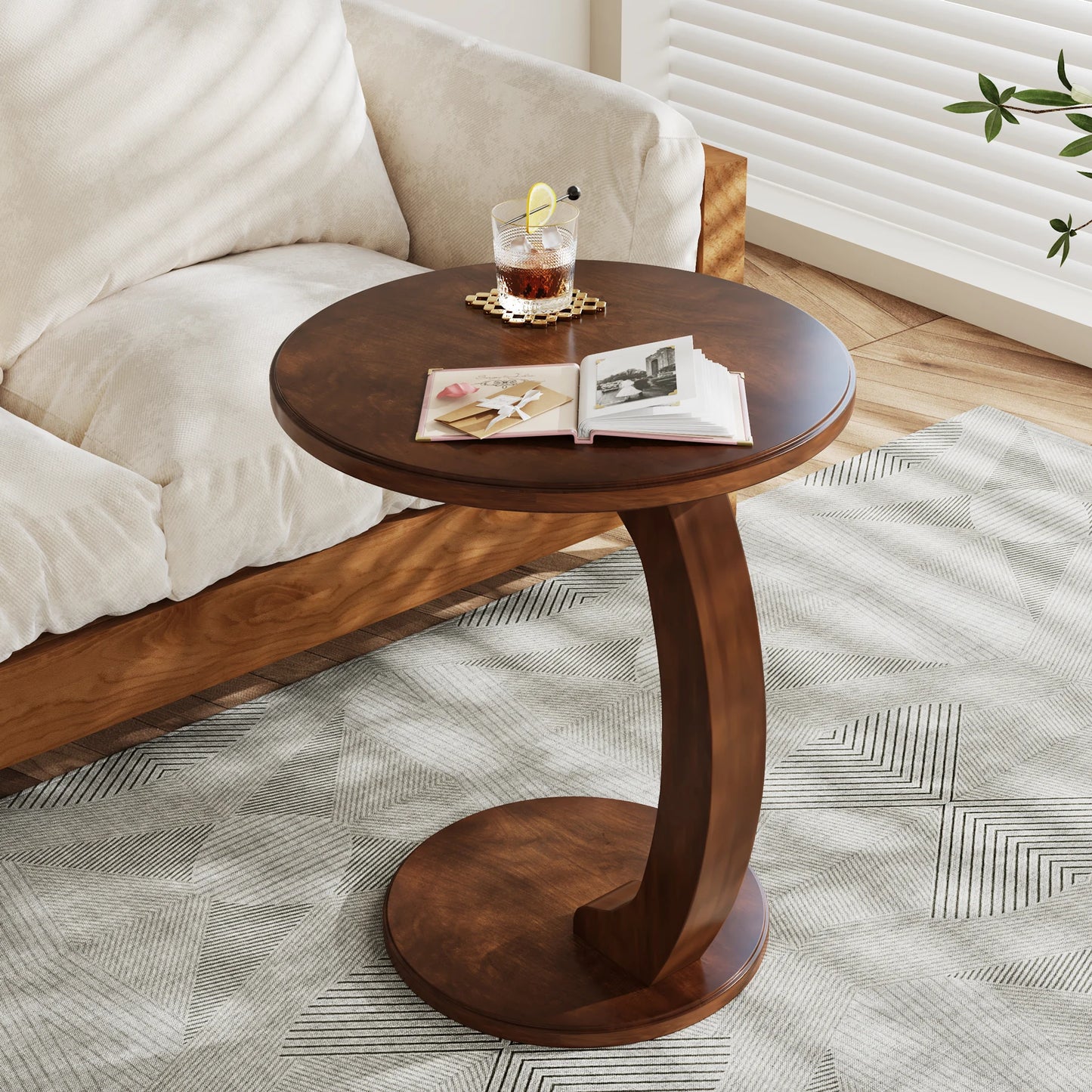 Tribesigns Round Wood C Shaped End Table For Living Room