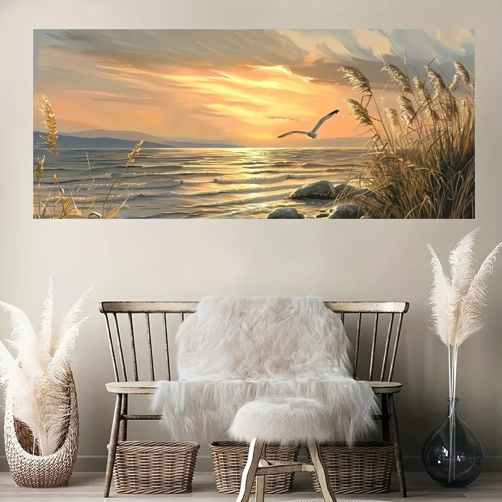 Sunset Beach Art Seascape Canvas Painting On Pine Frame
