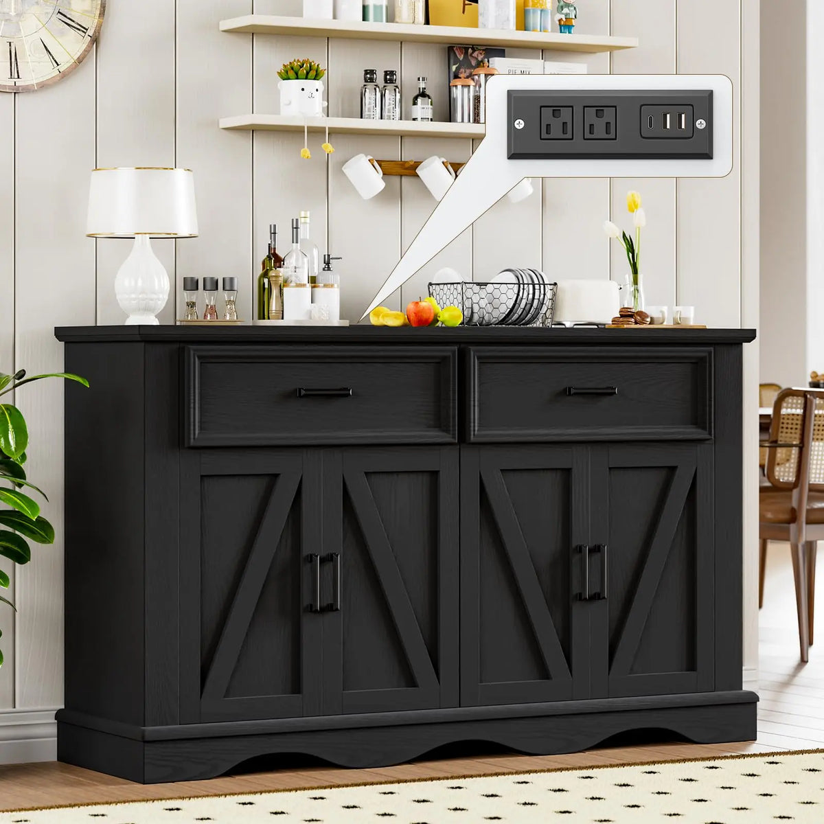 Farmhouse Buffet Cabinet With Charging Station And Adjustable Shelves