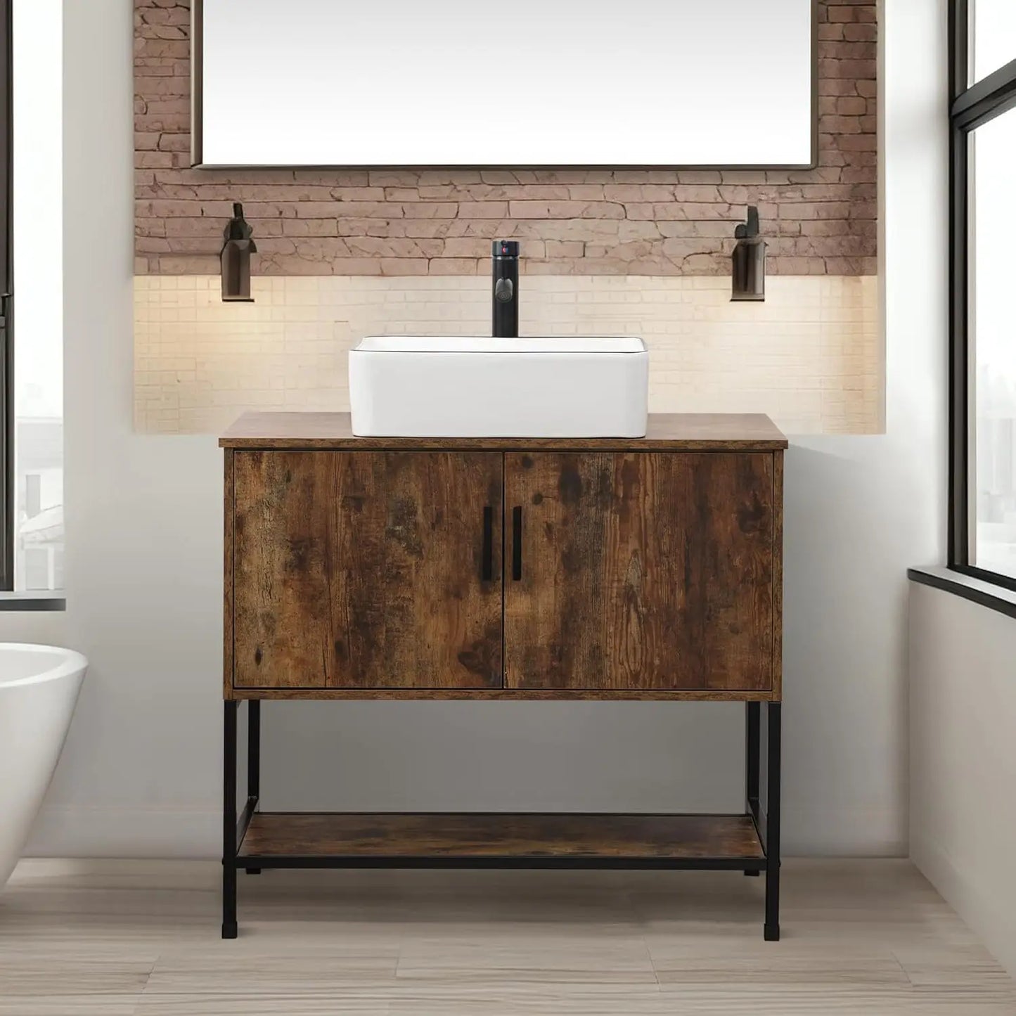 Rustic Industrial Bathroom Vanity With Sink Iron Frame Doors and Shelf