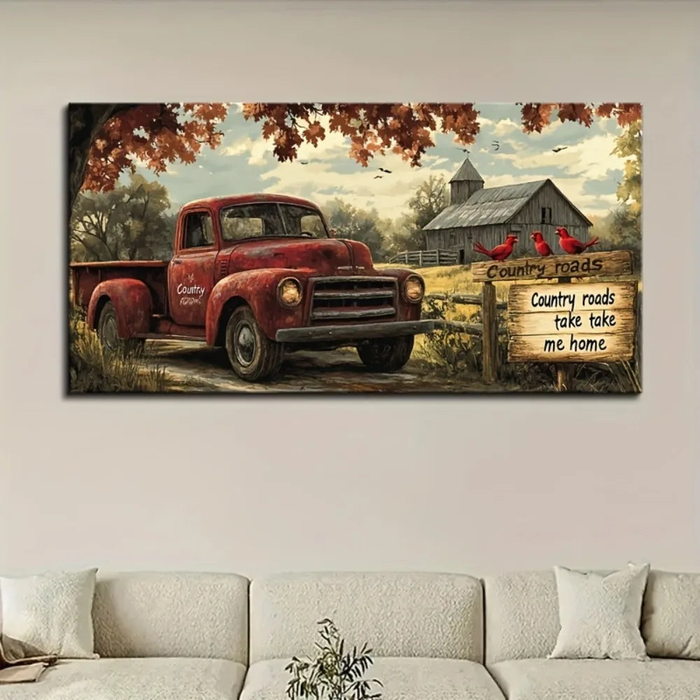 Framed Farmhouse Red Truck Wall Art Canvas Print Decorative