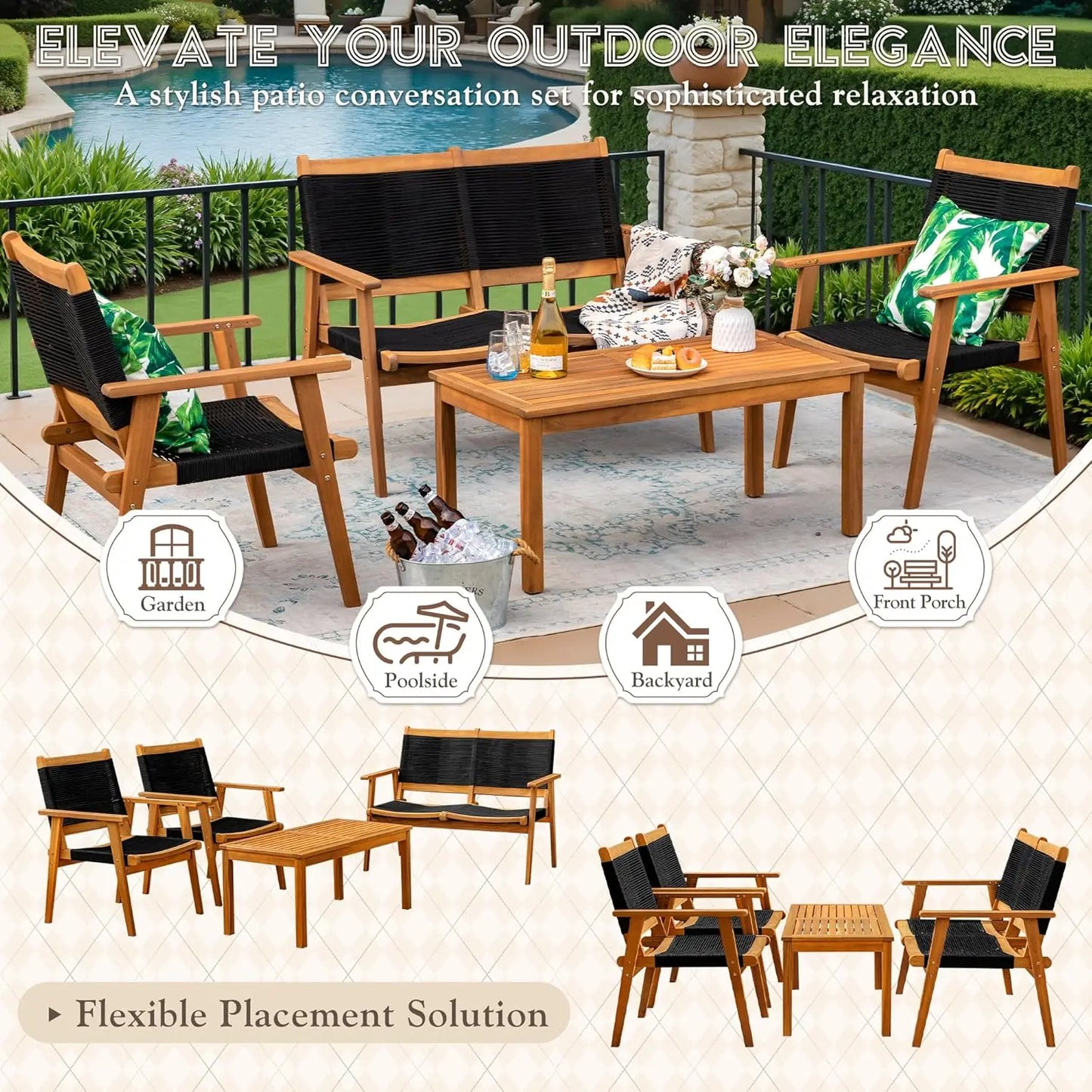 Acacia Wood 4 Piece Conversation Set Hand Woven Rope Seats
