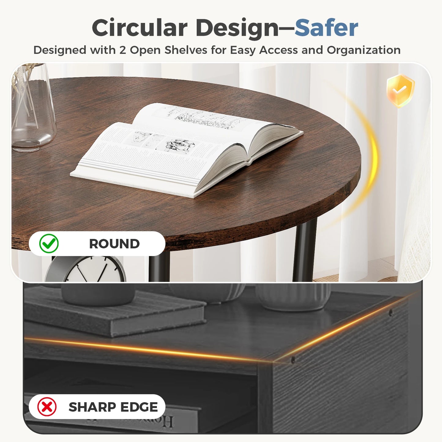 JHK Round Coffee Table With Storage Shelf, 2-Tier Design