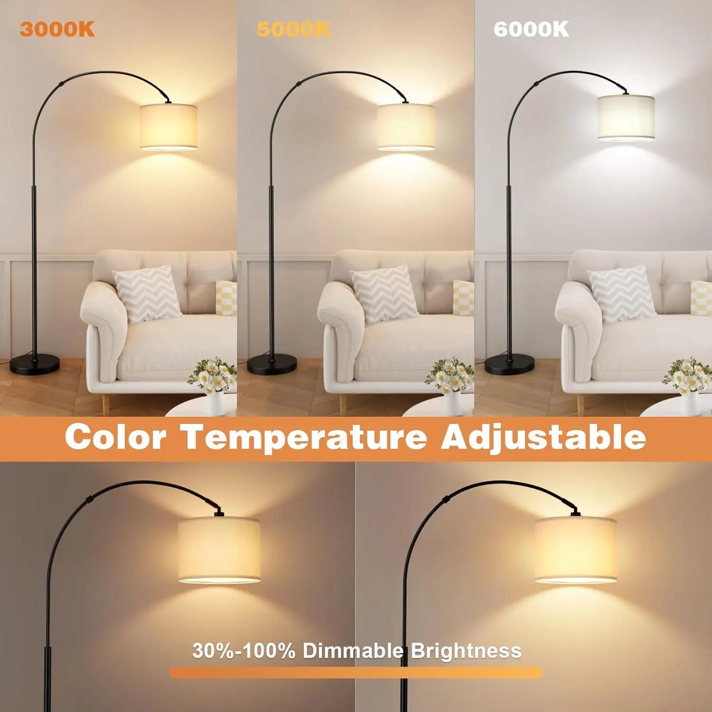 Dimmable Arc Floor Lamp With Remote And Rotating Head