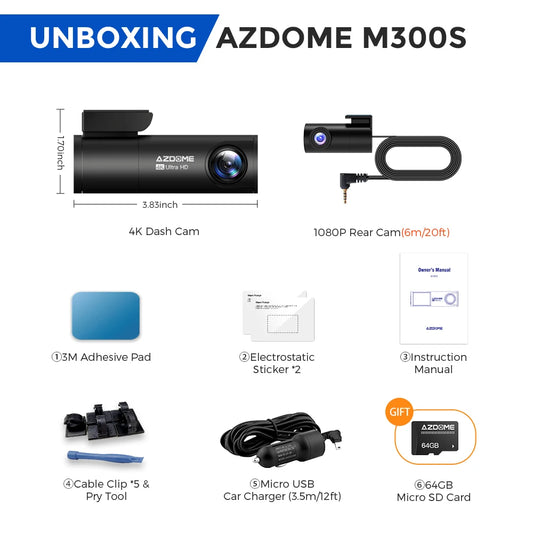 AZDOME M300S 4K Dash Cam Front Rear Night-Vision GPS WiFi