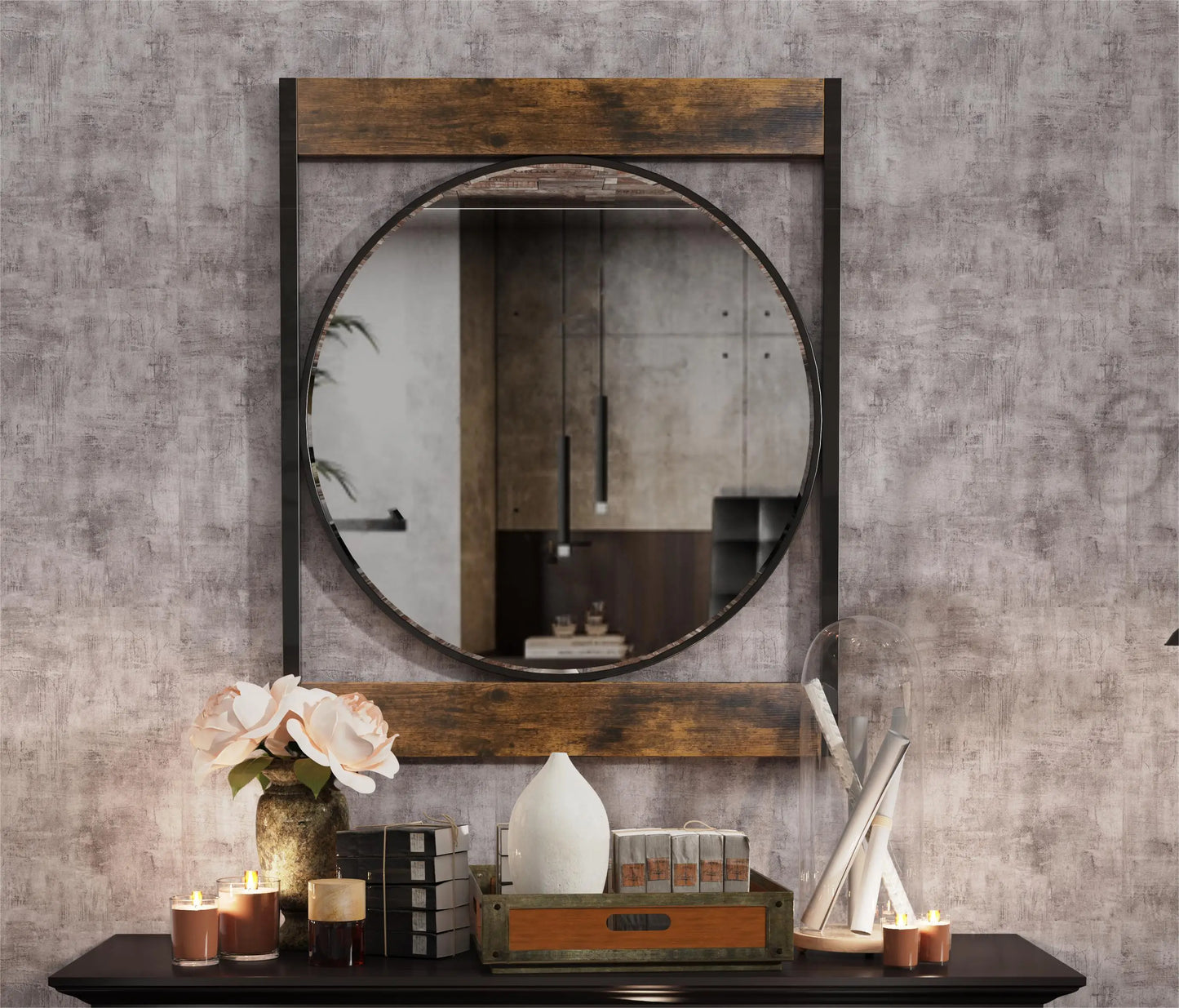 Industrial Metal Wood Frame Wall Mount Mirror For Bathroom And Living Room