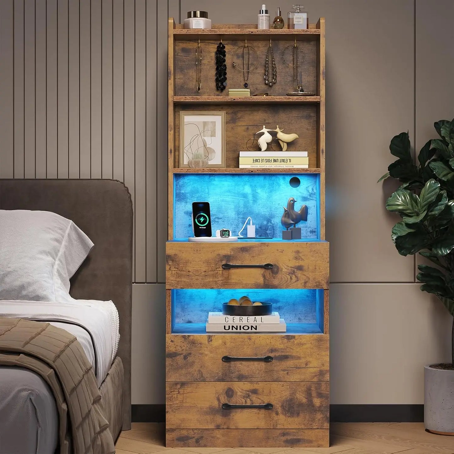MOYU Nightstand With Charging Station And Led Lights