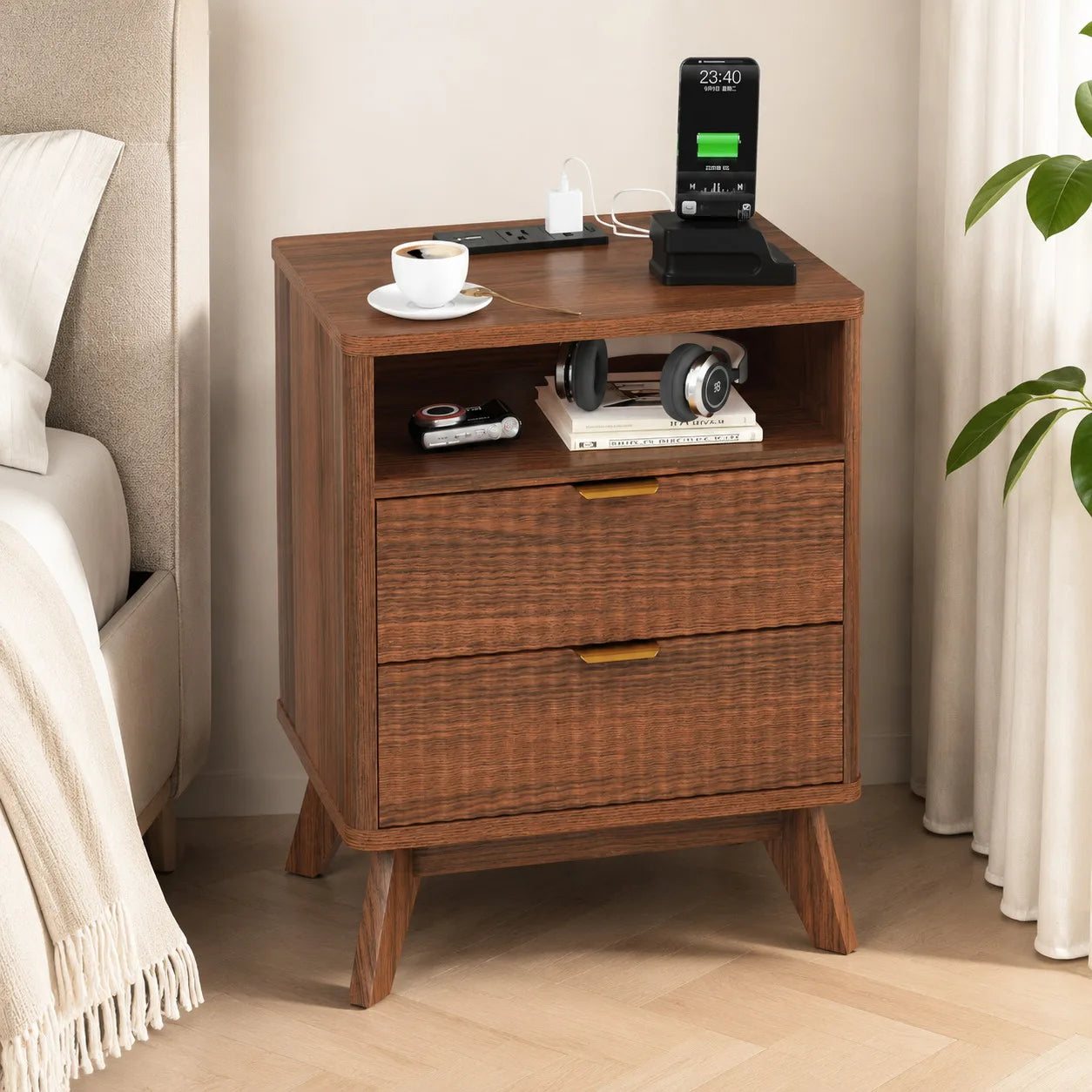 Modern Fluted Nightstand With Drawer And USB Charging