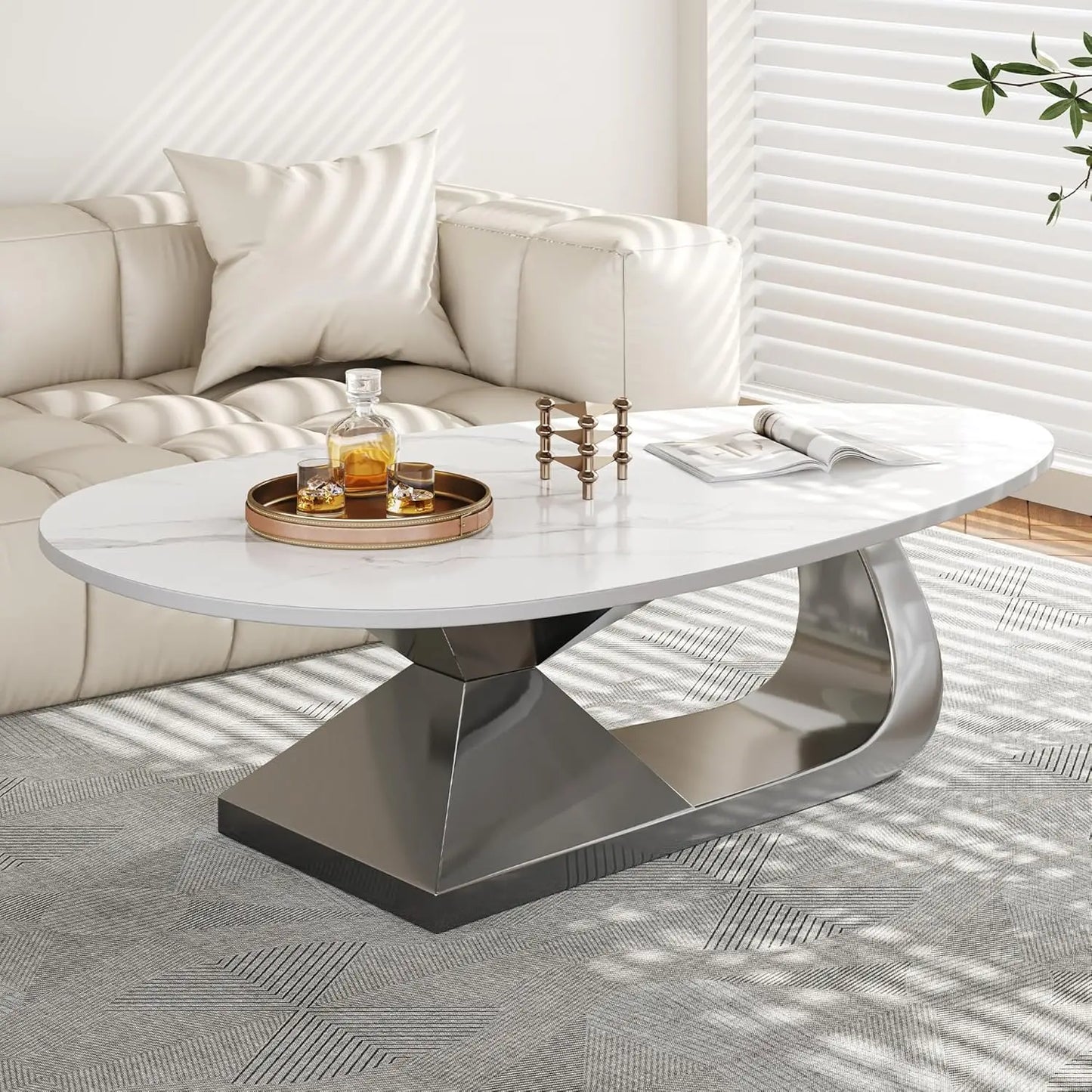 Modern Coffee Table Stainless Steel Pedestal And Faux Stone Top