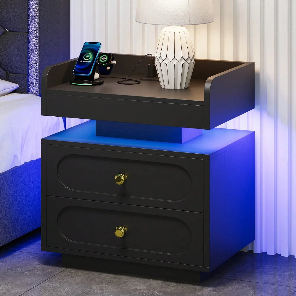 Nightstand With Charging Station And LED Lighting Modern Bedside Table