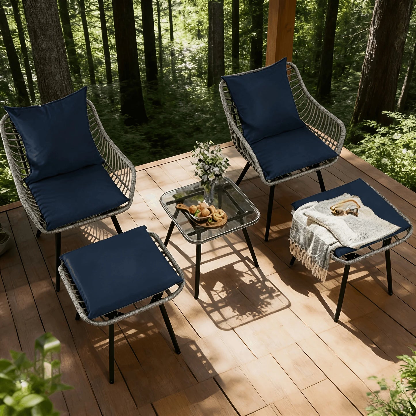 PIYRQ Outdoor Rattan Furniture Set Five Piece With Iron Frame