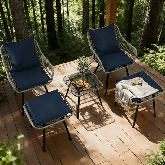 PIYRQ Outdoor Rattan Furniture Set Five Piece With Iron Frame