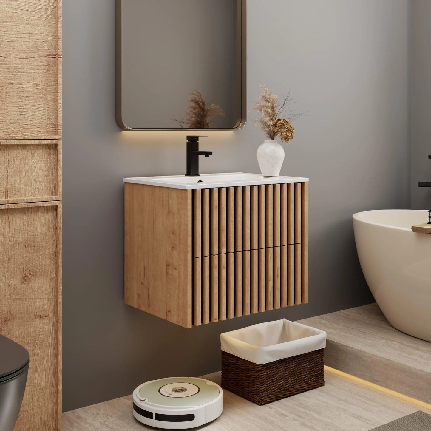 Floating Bathroom Vanity With Sink And Two Fluted Drawers