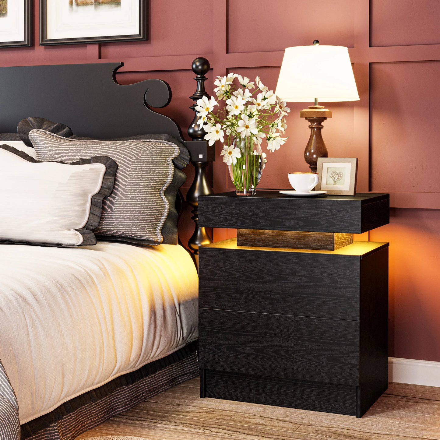 LIKIMIO Nightstand With Charging Station And Led Light Drawers