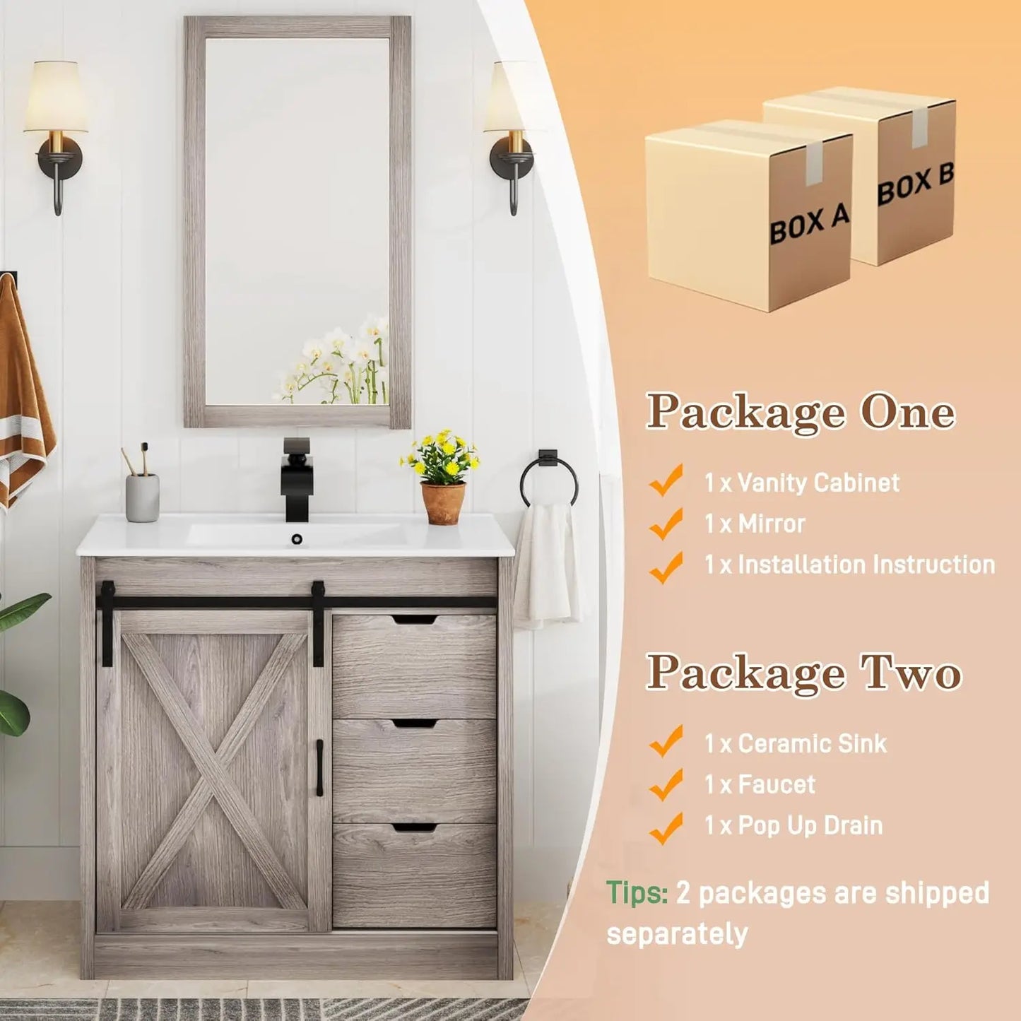 Guangbai Bathroom Vanity With Sink Faucet Mirror Farmhouse Storage Cabinet
