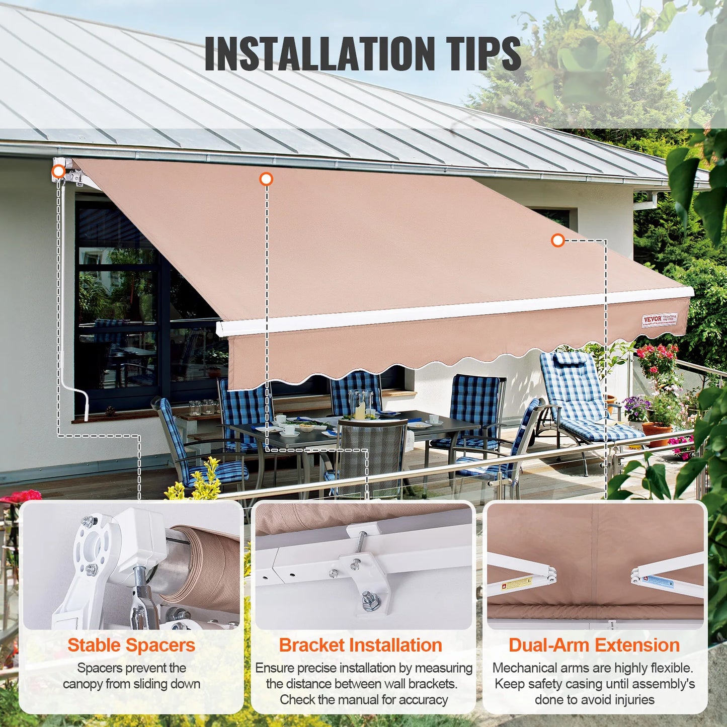 SucceBuy Manual Retractable Awning Outdoor Sun Shade Polyester Patio
