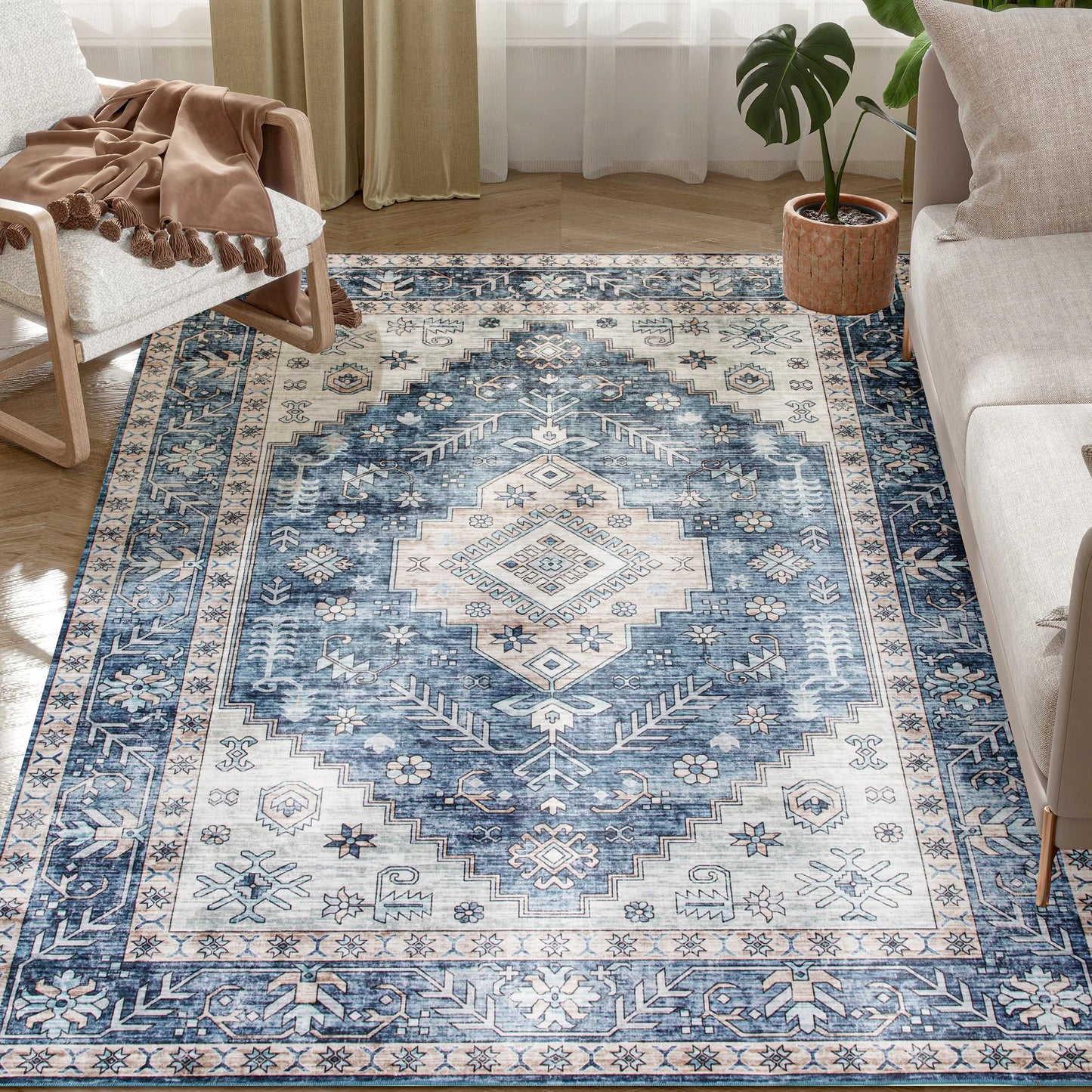 Soft Machine Washable Vintage Geometric Pattern Area Rug