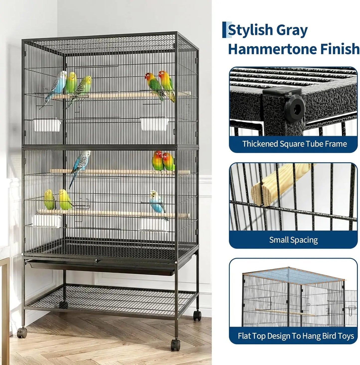 HiMISS Spacious Bird Cage With Rolling Stands And Feed Bowls
