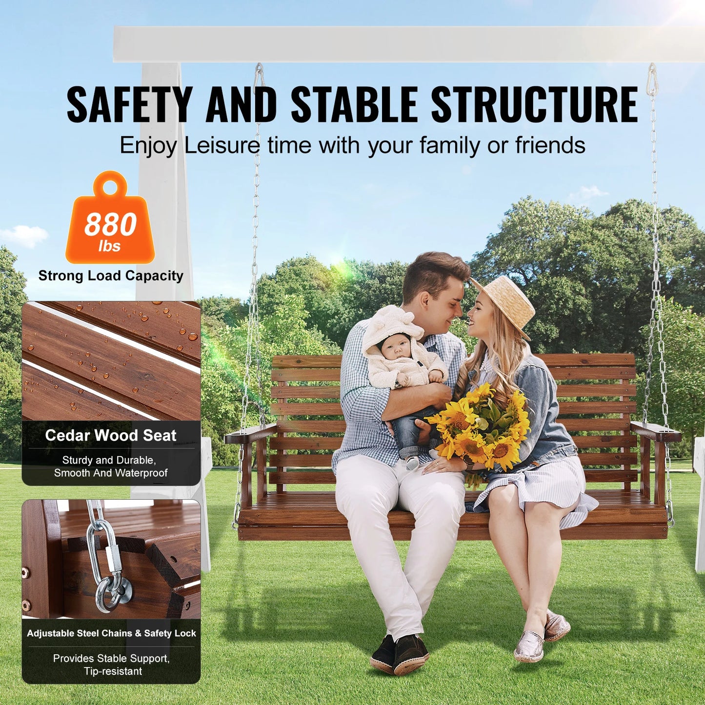 SucceBuy Cedar Wood Porch Swing With Steel Chains