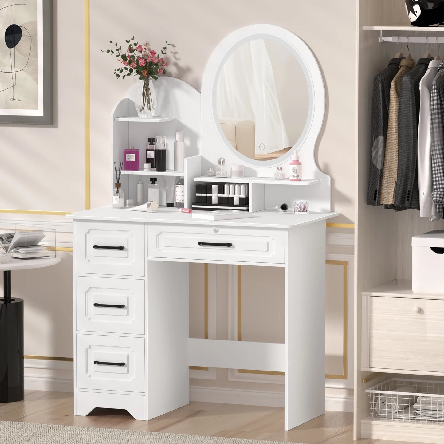 Modern Vanity Table With Mirror Lights And Four Drawers