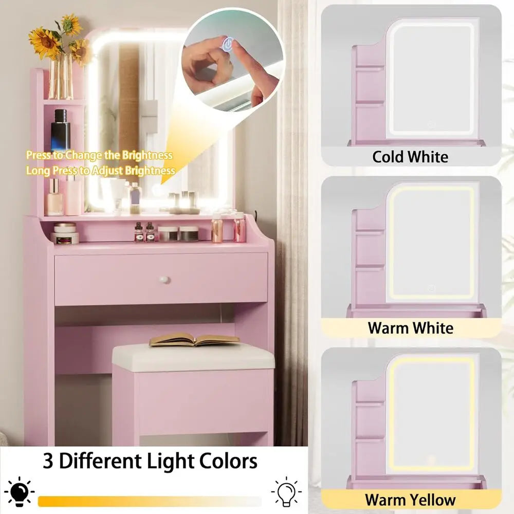 LIKIMIO Vanity Desk With Mirror And Lights Chair Storage Drawer