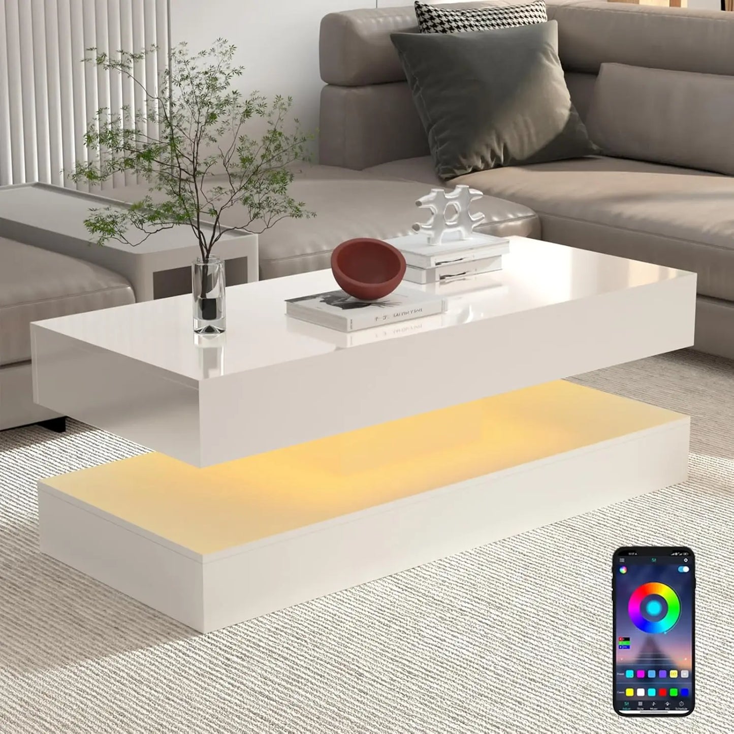 QiaoShiRen Modern LED Coffee Table With Two Drawers And Storage