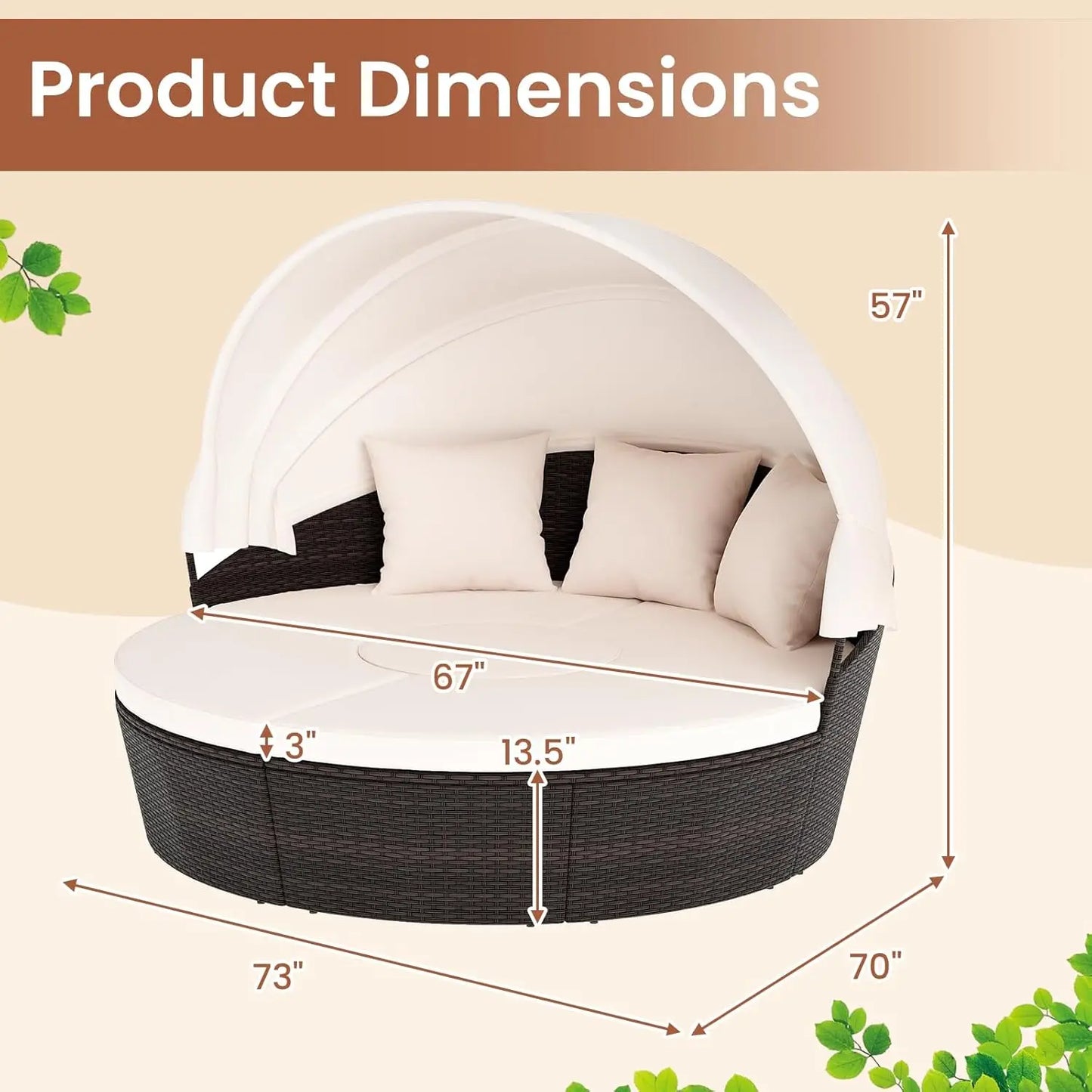 Patio Round Daybed With Retractable Canopy And Center Table