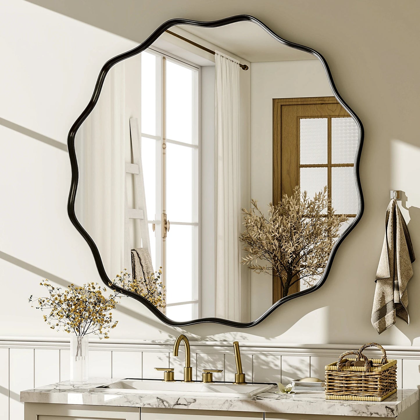 BEAUTYPEAK Wavy Round Bathroom Mirror Decorative With Deep Frame