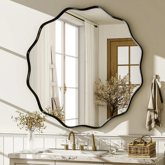 BEAUTYPEAK Wavy Round Bathroom Mirror Decorative With Deep Frame