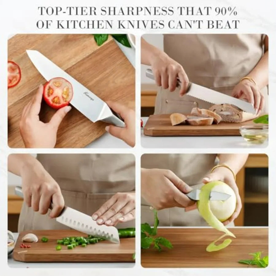 Stainless Steel Kitchen Knife Set With Built-In Sharpener