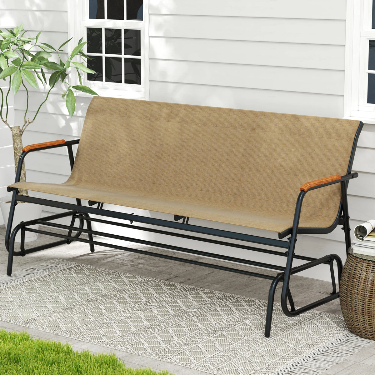 LIFEZEAL Outdoor Patio Glider Bench Loveseat With Curved Teak Armrests