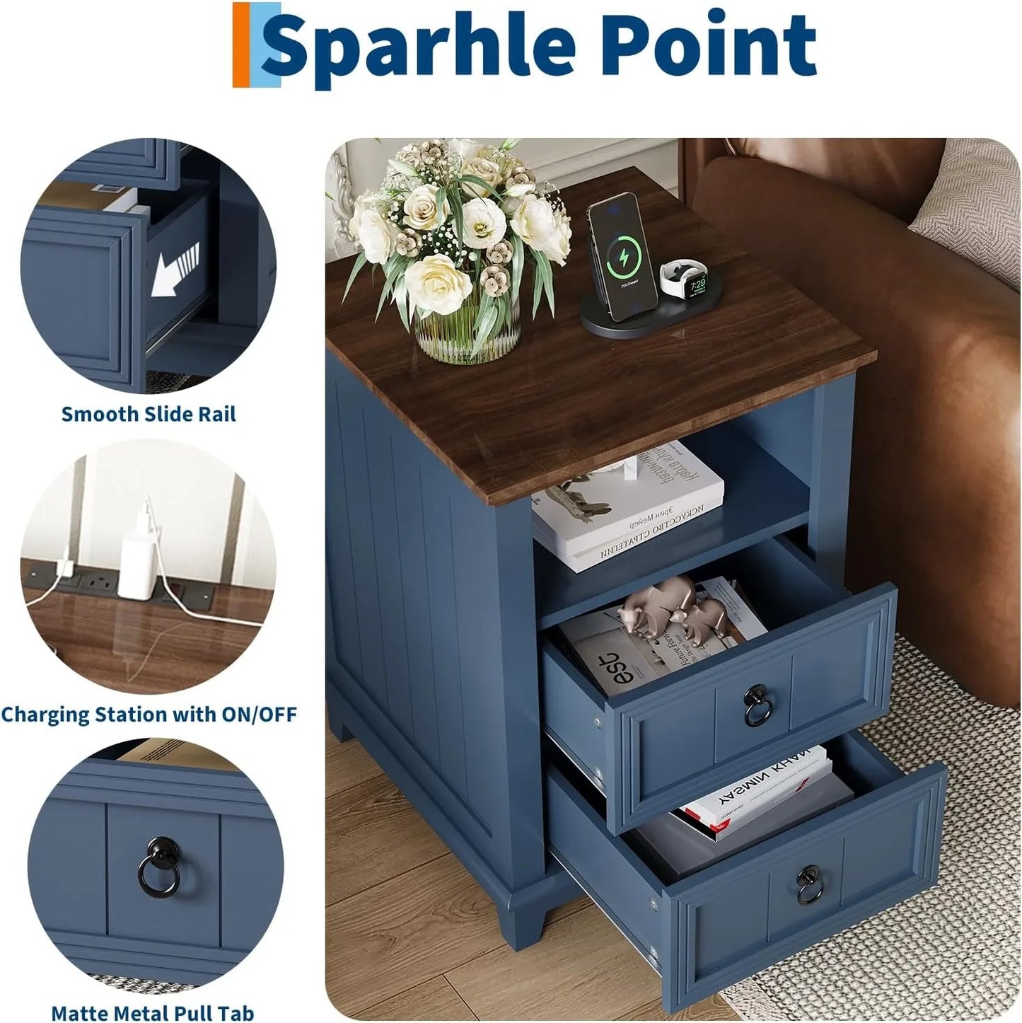 Modern Fluted Wood Nightstand With USB Charging And Storage Shelf