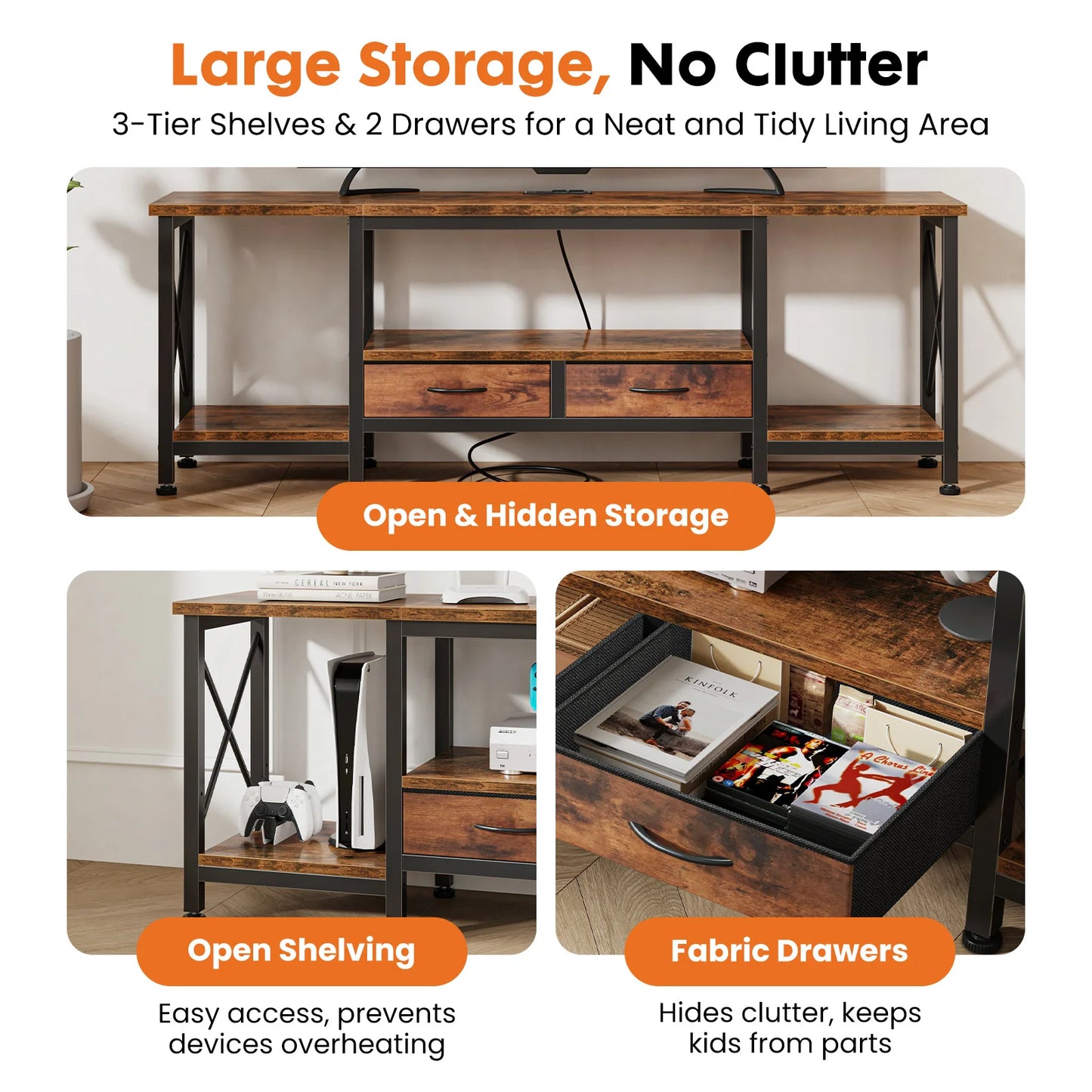 JHK Wooden TV Stand With Drawers And Charging Station